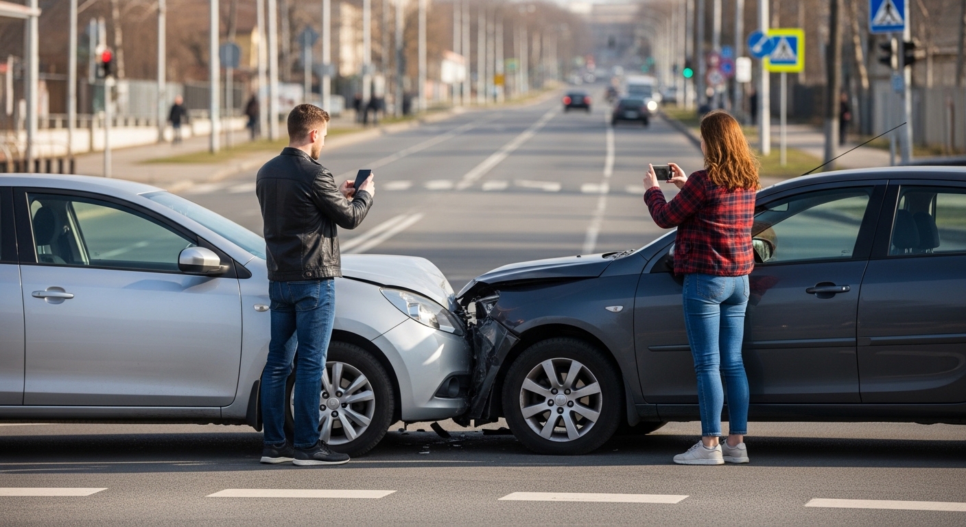 Doi șoferi la locul unui accident rutier fără martori, pe o stradă din București, completând împreună constatarea amiabilă